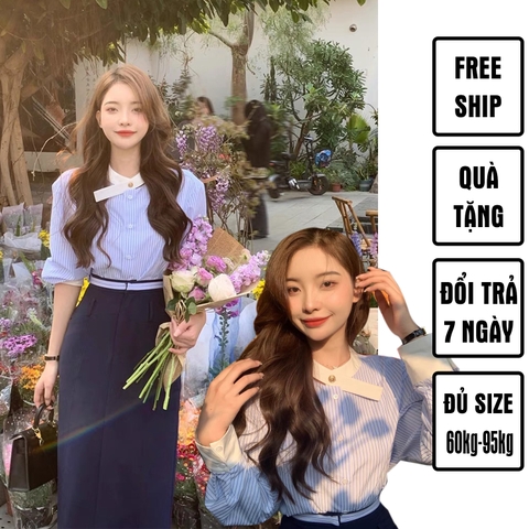 Áo sơ mi bigsize 60kg-95kg hoạ tiết sọc xanh tay dài phù hợp mặc đi làm