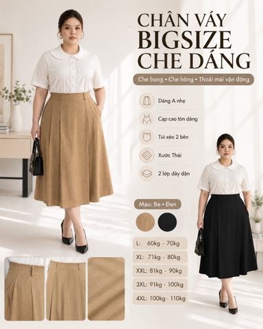 Chân váy xếp ly công sở dáng dài bigsize 60kg - 100kg phù hợp mặc đi làm, đi học , đi chơi