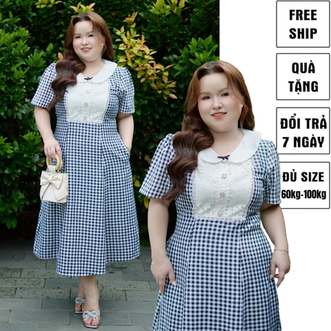 CA030025-Đầm công sở bigsize hoạ tiết caro phối ren có túi phù hợp mặc đi làm đi làm , đi tiệc , đi chơi