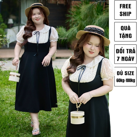 CA030023-Đầm bigsize 60kg - 100kg cổ sen chấm bi phù hợp mặc đi làm đi học đi chơi