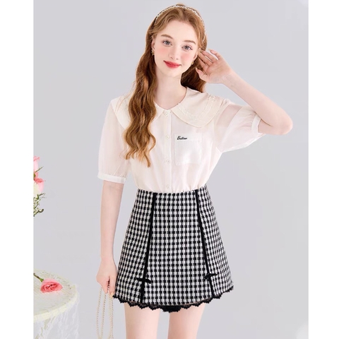 Chân váy bigsize dáng A sọc caro phối quần viền ren chất bố mềm