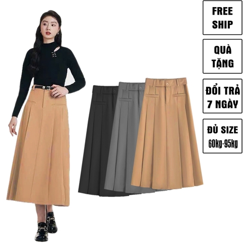 Chân Váy Xoè Xếp Ly Dáng Dài Bigsize 60kg - 95kg Lưng Cao Chất Cotton Lạnh