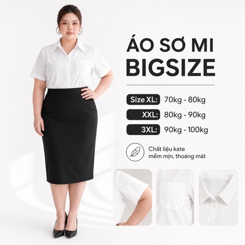 Áo sơ mi trắng bigsize 60kg - 100kg phom thiết kế của CHIANBIGSIZE phù hợp mặc đi học, đi làm