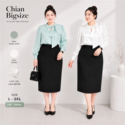 Áo sơ mi bigsize 60kg-95kg nơ cổ đính ngọc trai sang trọng phù hợp mặc đi làm, đi tiệc