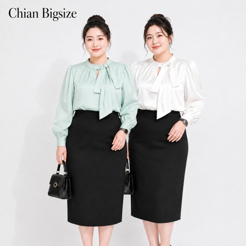 Áo sơ mi bigsize 60kg-95kg nơ cổ đính ngọc trai sang trọng phù hợp mặc đi làm, đi tiệc