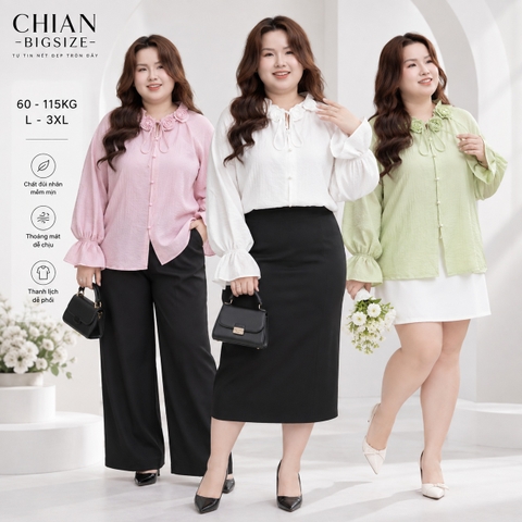 Áo sơ mi nữ bigsize 60kg - 100kg chất đũi nhăn dáng rộng  cổ bèo hoa nổi màu pastel nhẹ nhàng