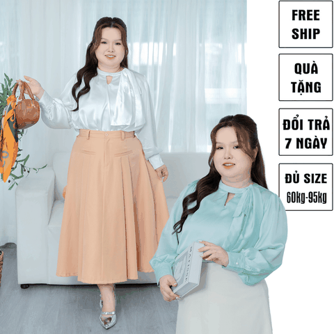 Áo sơ mi bigsize 60kg-95kg nơ cổ đính ngọc trai sang trọng phù hợp mặc đi làm, đi tiệc