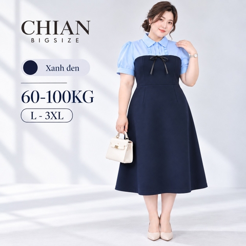 CA030029-Đầm bigsize 60kg - 95kg phối cổ sọc nơ chất tuyết mưa màu xanh đen có độ co giãn nhẹ phù hợp mặc đi tiệc, đi làm, đi chơi