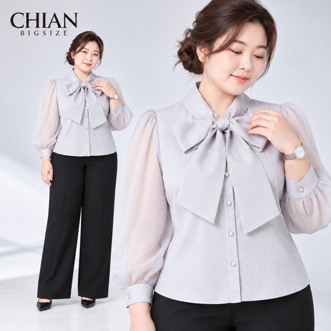 Áo Sơ Mi Nữ Bigsize Voan Tơ Hai Lớp Nơ Cổ Sang Trọng