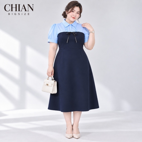 CA030029-Đầm bigsize 60kg - 95kg phối cổ sọc nơ chất tuyết mưa màu xanh đen có độ co giãn nhẹ phù hợp mặc đi tiệc, đi làm, đi chơi