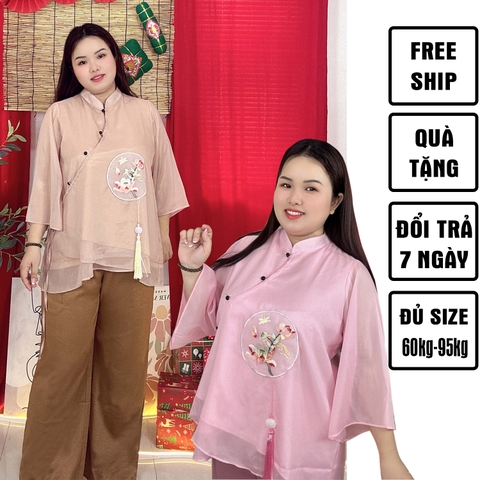 Sét đồ lam đi chủa bigsize 60kg - 95kg chất tơ ánh hoa thêu mặc dịp lễ tết đi chùa đi chơi