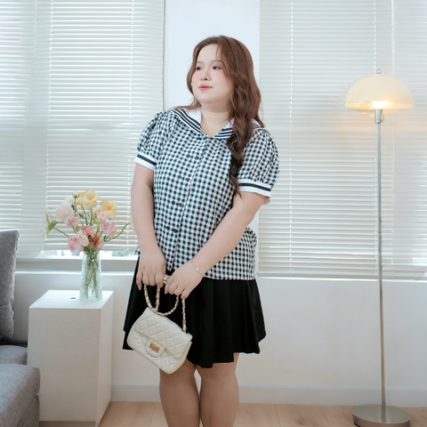 Áo sơ mi caro cổ thủy thủ nữ bigsize 60kg - 95kg phong cách Hàn Quốc thời trang
