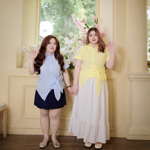 Áo sơ mi nữ bigsize 60kg-100kg kiểu dáng cột eo tay ngắn chất cotton mát mềm mịn phù hợp mặc đi làm, đi học, đi chơi
