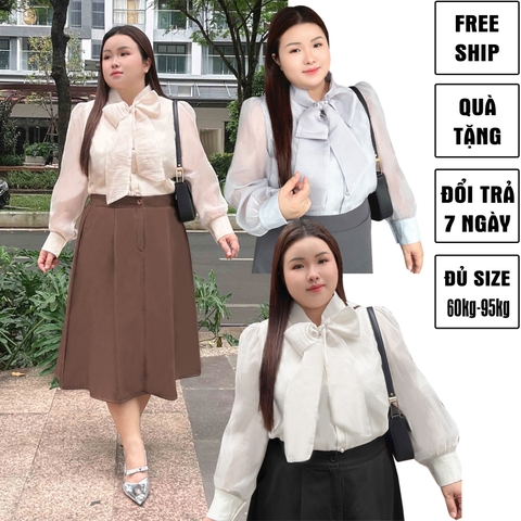 Áo Sơ Mi Nữ Bigsize Voan Tơ Hai Lớp Nơ Cổ Sang Trọng