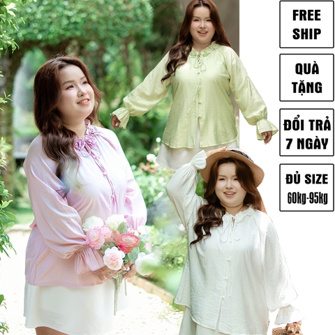 Áo sơ mi nữ bigsize 60kg - 100kg chất đũi nhăn dáng rộng  cổ bèo hoa nổi màu pastel nhẹ nhàng