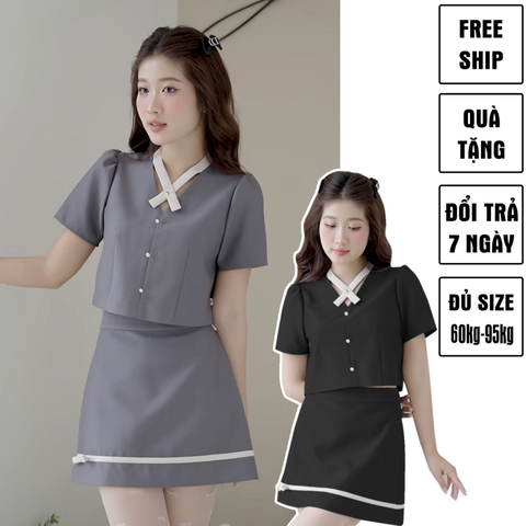 Set đồ bigsize nữ cổ tim chân váy quần dáng A phong cách Hàn Quốc trẻ trung
