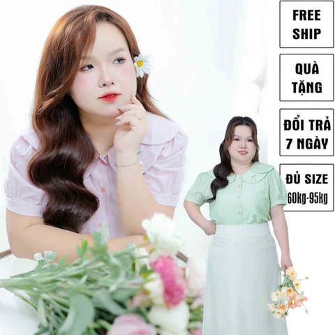 Áo sơ mi nữ bigsize 60kg - 95kg cổ sen thêu hoa - Chất cotton mềm mịn, phong cách vintage