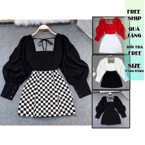 Sét áo cổ vuông tay phồng chân váy quần dáng A bigsize 60kg - 95kg phù hợp mặc đi tiệc, đi chơi