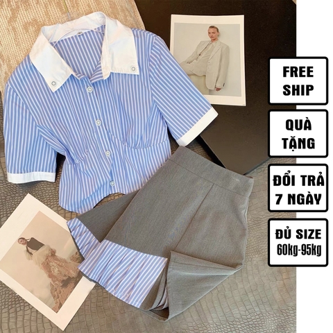 Sét bộ bigsze áo sơ mi hoạ tiết sọc chân váy quần dáng A 60kg-95kg