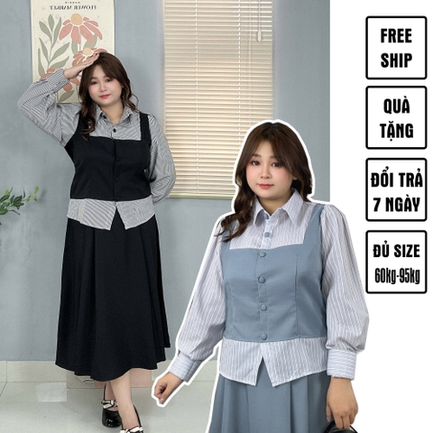 Sét bộ áo sơ mi sọc phối màu chân váy xếp ly xoè dáng dài bigsize 60kg - 95kg