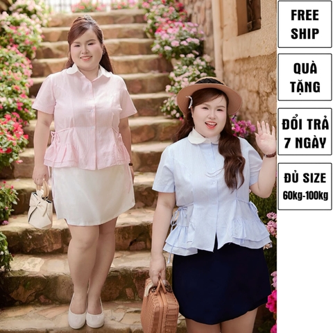 Áo sơ mi nữ bigsize 60kg - 100kg dáng bèo 2 bên eo cột nơ