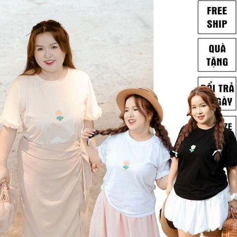 Áo thun bigsize nữ 60kg - 100kg đính hoa nổi tay bèo phù hợp mặc đi làm đi học đi chơi