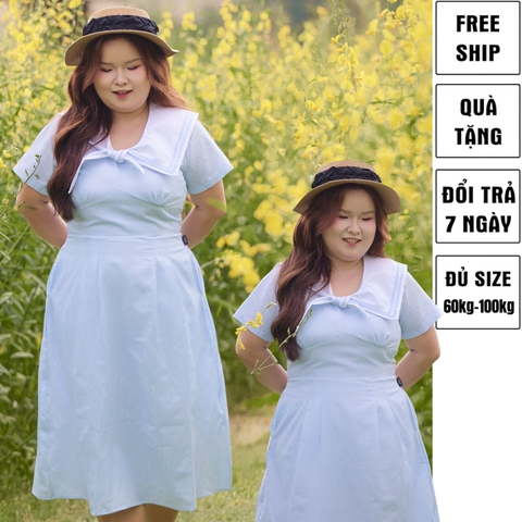 Đầm cổ thuỷ thủ bigsize 60kg - 95kg sọc dọc gọn dáng phù hợp mặc đi làm, đi tiệc, đi chơi