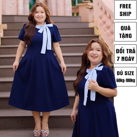 CA030033-Đầm công sở bigsize nữ 60kh -100kg xanh đen phối cổ sọc phù hợp mặc đi làm, đi tiệc, đi chơi