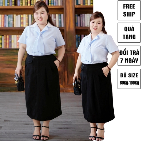 Chân váy công sở bigsize 60kg - 100kg dáng bút chì phía sau có lưng thun chất tuyết mưa 2 lớp có co giãn nhẹ