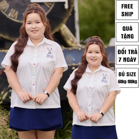 Áo sơ mi trắng nữ bigsize 60kg - 100kg đính thỏ và nơ