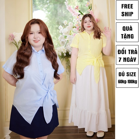 Áo sơ mi nữ bigsize 60kg-100kg kiểu dáng cột eo tay ngắn chất cotton mát mềm mịn phù hợp mặc đi làm, đi học, đi chơi