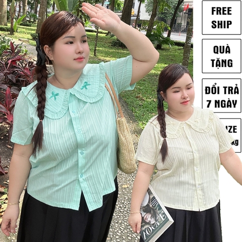 Aó sơ mi bigsize 60kg - 90kg vải gân sọc nơ cổ phù hợp mặc đi làm đi học