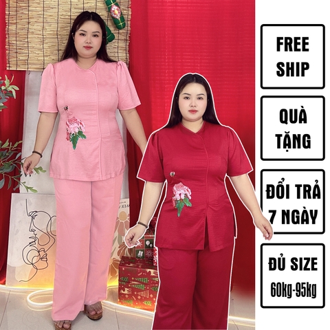 Đồ lam đi chùa bigsize cao cấp thêu hoa mẫu đơn 60kg - 95kg