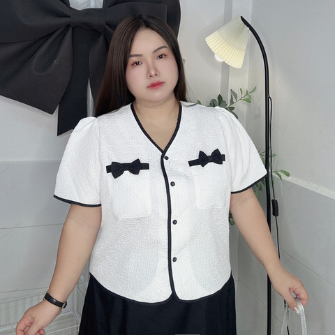 Áo kiểu bigsize phom suông dập hoa nổi túi nơ đen thanh lịch thời trang bigsize