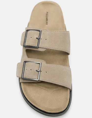 Dép chính hãng Pull&Bear Da Buckled leather flat sandals in ecru - be