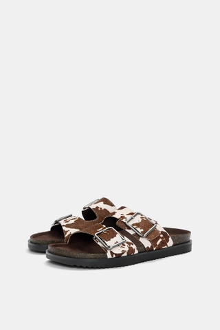 Dép Pull&Bear chính hãng Cow leather sandals with buckle - Nâu