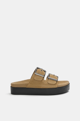 Dép Pull&Bear chính hãng Chunky leather sandals with buckles Đế cao Da bò