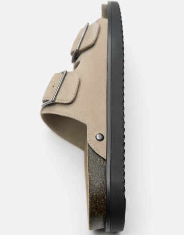 Dép chính hãng Pull&Bear Da Buckled leather flat sandals in ecru - be
