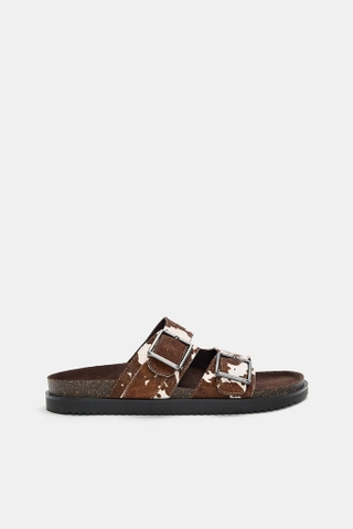 Dép Pull&Bear chính hãng Cow leather sandals with buckle - Nâu