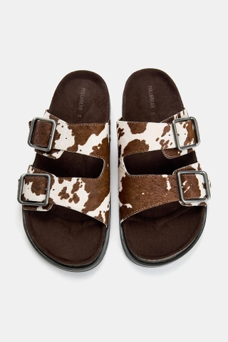 Dép Pull&Bear chính hãng Cow leather sandals with buckle - Nâu
