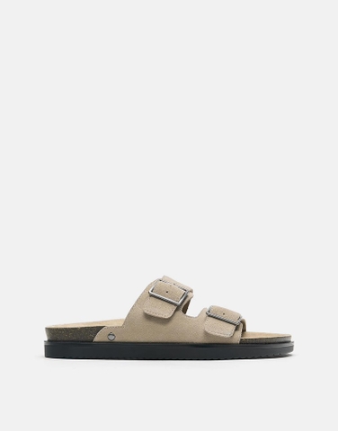 Dép chính hãng Pull&Bear Da Buckled leather flat sandals in ecru - be