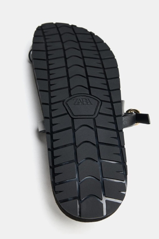 Giày Sandals Zara chính hãng Flat Leathet Strap Black - Đen