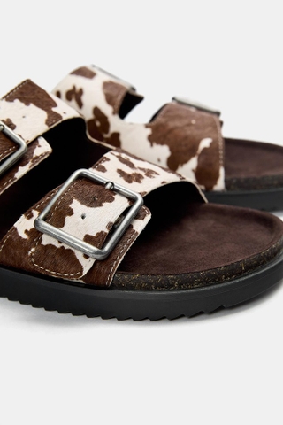 Dép Pull&Bear chính hãng Cow leather sandals with buckle - Nâu