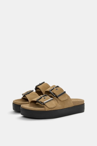 Dép Pull&Bear chính hãng Chunky leather sandals with buckles Đế cao Da bò