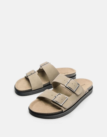 Dép chính hãng Pull&Bear Da Buckled leather flat sandals in ecru - be