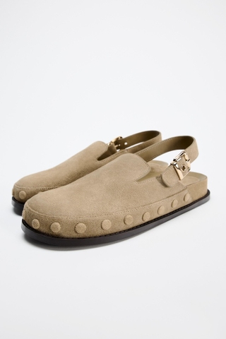 Giày Zara chính hãng Split Suede Studded Clogs - Da lộn