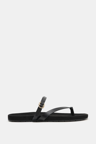 Giày Sandals Zara chính hãng Flat Leathet Strap Black - Đen