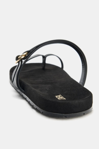 Giày Sandals Zara chính hãng Flat Leathet Strap Black - Đen
