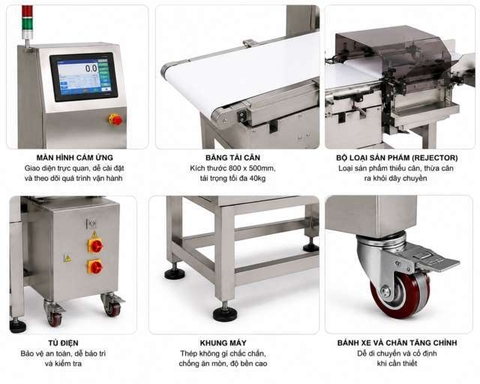 Máy kiểm tra trọng lượng tự động BLUEZEIZ CQ-XP500 checkweigher đến 40kg, kết hợp rejector