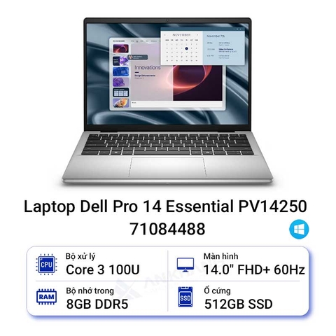 NB DELL Pro 14 Essential PV14250 - 71084488 (Core 3-100U/8GB/SSD 512GB/FHD+ IPS/W11/SILVER/NO DVD/14.0